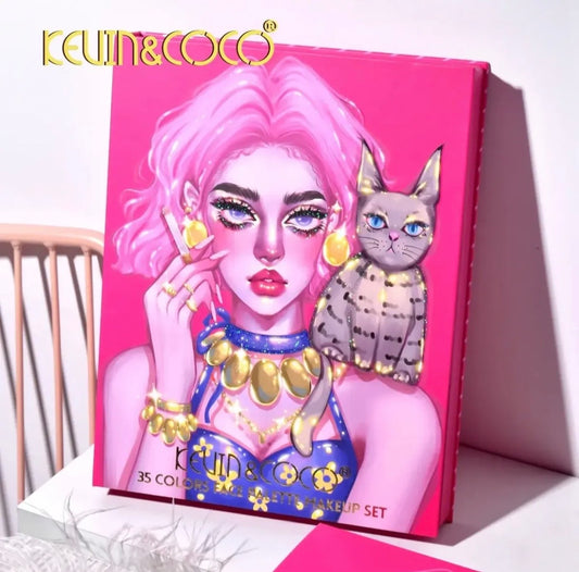 Set KEVIN&COCO Girl & Cat 🐱✨ 43 Piezas | 35 Sombras + 5 Delineadores Glitter + 3 Esmaltes | Pago Contraentrega