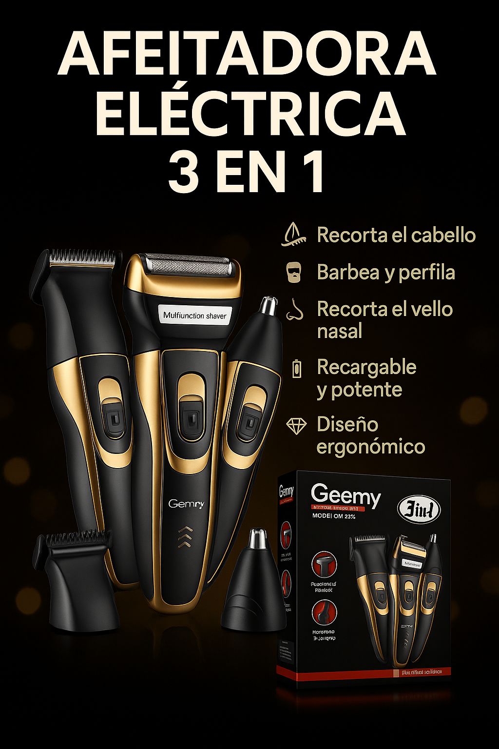 Afeitadora Eléctrica Portátil 3 en 1 — Motor Silencioso, Impermeable, Recargable USB | Hombre y Mujer
