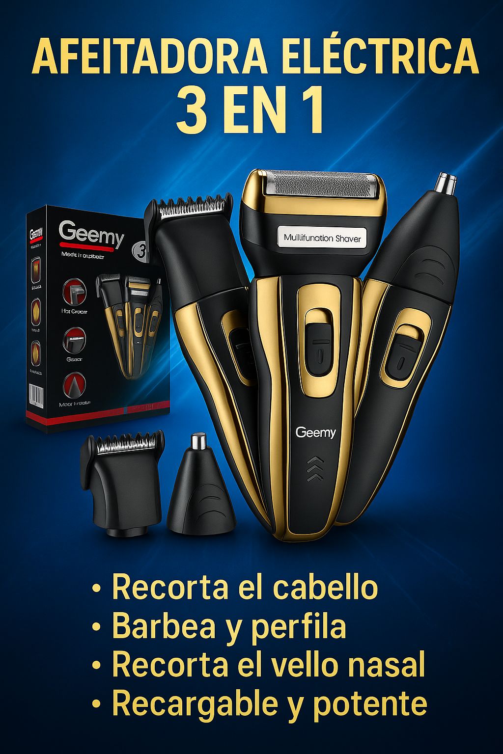 Afeitadora Eléctrica Portátil 3 en 1 — Motor Silencioso, Impermeable, Recargable USB | Hombre y Mujer