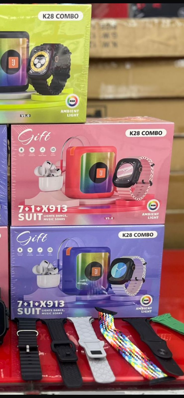 🎁 COMBO K28 – Reloj Inteligente + Audífonos Inalámbricos + Parlante Bluetooth RGB + Correas Intercambiables