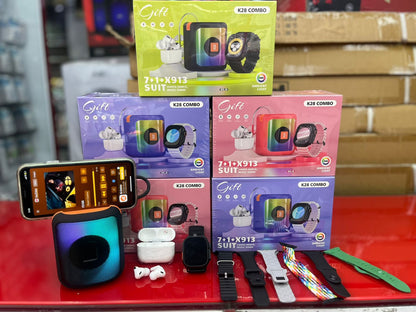 🎁 COMBO K28 – Reloj Inteligente + Audífonos Inalámbricos + Parlante Bluetooth RGB + Correas Intercambiables