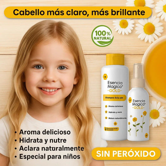Combo Gold Esencia Aclaradora Kids – Shampoo 375 ml + Spray 130 ml (Apto desde 1 año)