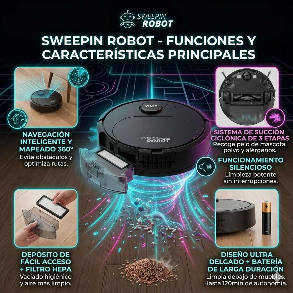 Sweeping Robot – Aspiradora Inteligente 3 en 1 con Barrido, Aspirado y Fregado Automático