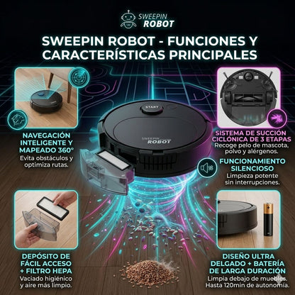 Sweeping Robot – Aspiradora Inteligente 3 en 1 con Barrido, Aspirado y Fregado Automático