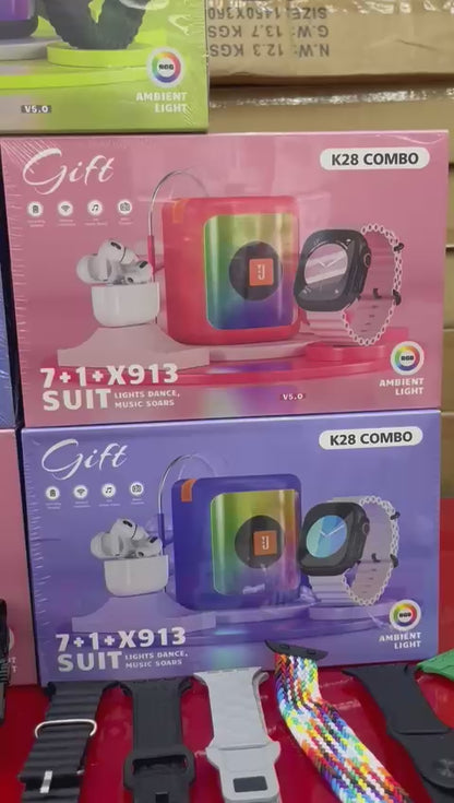 🎁 COMBO K28 – Reloj Inteligente + Audífonos Inalámbricos + Parlante Bluetooth RGB + Correas Intercambiables